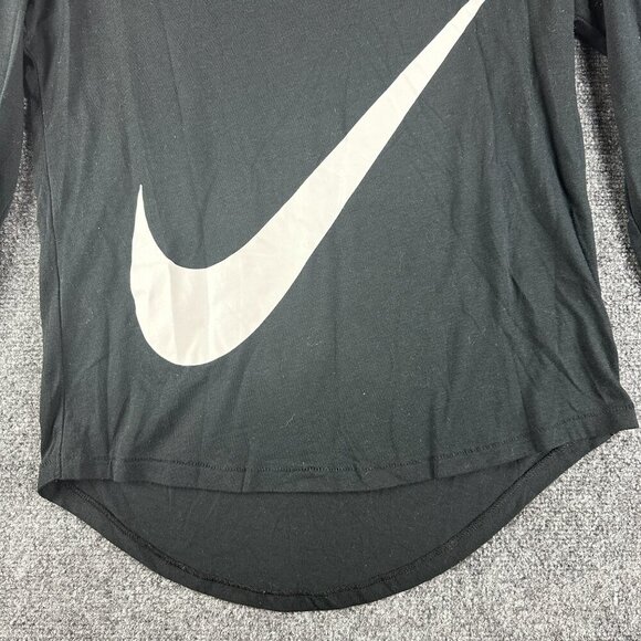 Nike Top Womens Medium Black White Swoosh Logo Tee Long Sleeve Curved Hem - Picture 2 of 8